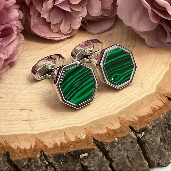 Stunning Green Malachite Silver Octagon Cufflinks Tuxedo Studs Formal 8 Pcs Set - Picture 9 of 16